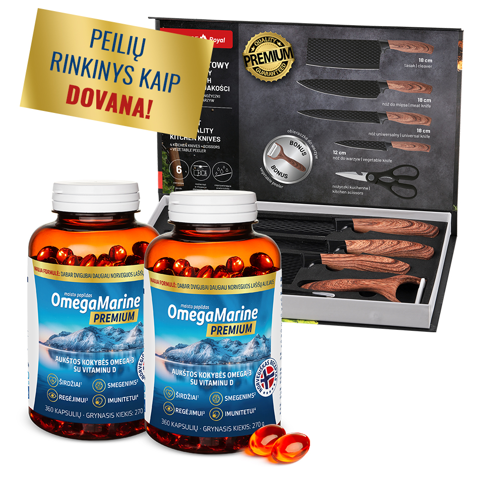 Natural Pharmaceuticals „OmegaMarine™ Premium“ Dvi didelės pakuotės maisto papildo „OmegaMarine“ ir prabangus auksinis laikrodis.