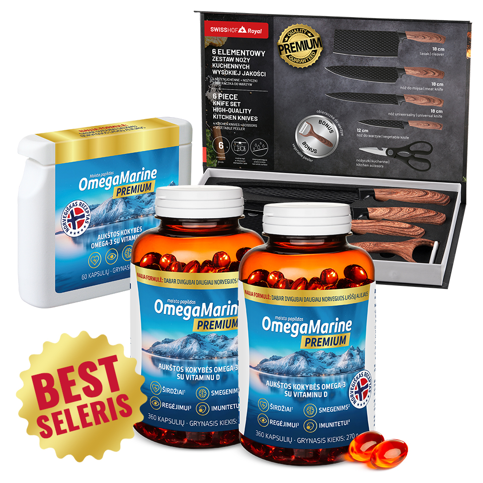 Natural Pharmaceuticals „OmegaMarine™ Premium“ „OmegaMarine™ Premium“ maisto papildai su aukštos kokybės Omega-3 ir vitaminu D bei prabangi rožinio aukso laikrodis.