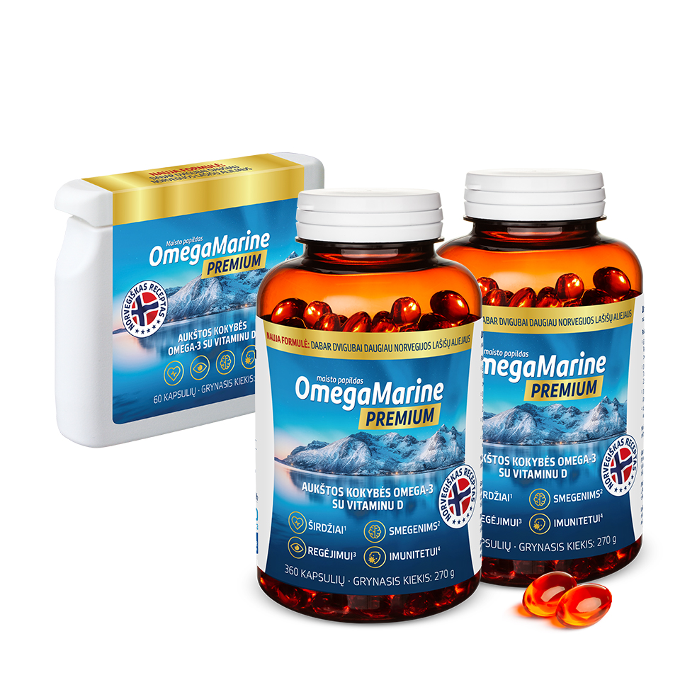 Natural Pharmaceuticals „OmegaMarine™ Premium“ „OmegaMarine™ Premium“ maisto papildai su aukštos kokybės Omega-3 ir vitaminu D širdžiai, smegenims, regėjimui ir imuninei sistemai.