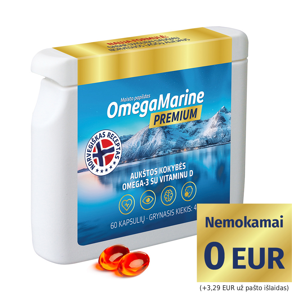 Natural Pharmaceuticals „OmegaMarine™ Premium“ „OmegaMarine™ Premium“ maisto papildas su aukštos kokybės Omega-3 ir vitaminu D, 60 kapsulių pakuotė.